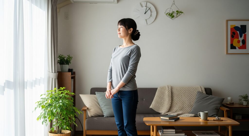 お腹を気にして、腹筋を鍛えるダイエットのため姿勢を意識する女性