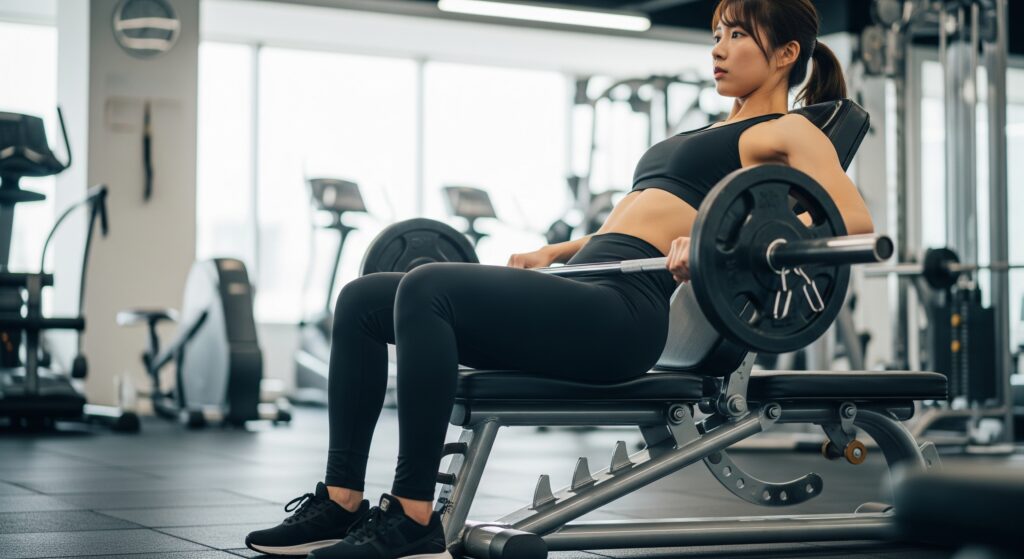 ジムでお尻を鍛えるためにヒップスラストを行う女性