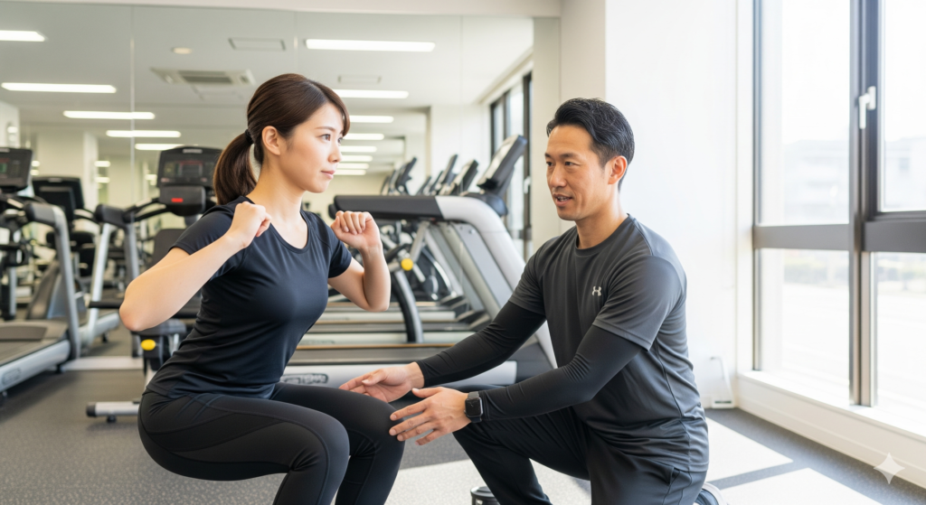 ジム トレーニング おすすめを始める初心者女性が、トレーナーから正しいフォーム指導を受けているシーンの写真