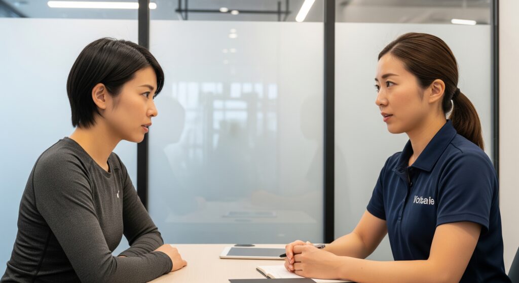 パーソナルジムでトレーナーの効果的な指導を受けるために相談する女性