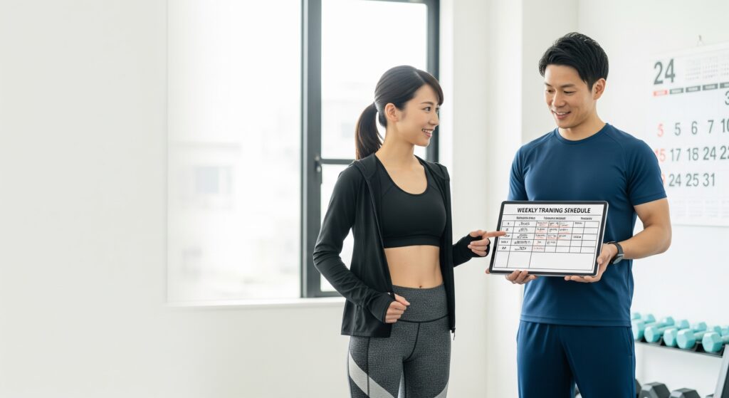 パーソナルジムに通い、瘦せるための期間をトレーナーと確認している女性