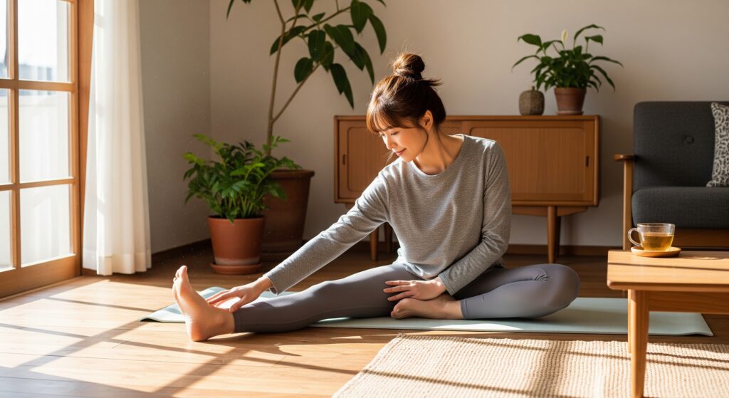 ジムに通う頻度を決め、ジムがない日にストレッチをする女性