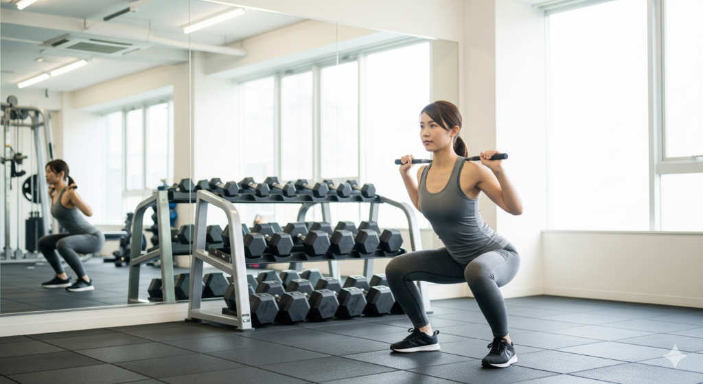 ジム トレーニング おすすめとして日本人女性がスクワットをしているシーンの写真