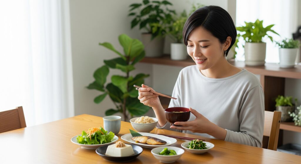 栄養バランスの良い食事でお腹を鍛える女性の生活習慣