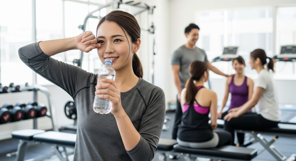 ジムでのダイエット初心者の女性がトレーニング後に休憩する様子