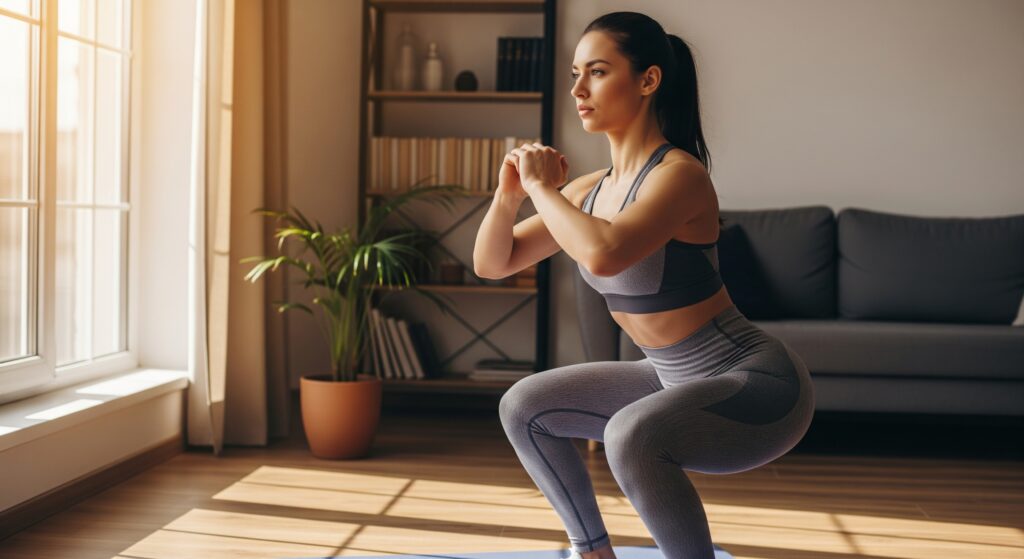 ヒップの形を気にして自宅でトレーニングを行う女性