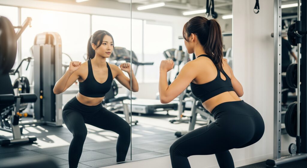 ジムでお尻を鍛えるためにフォームチェックを行う女性
