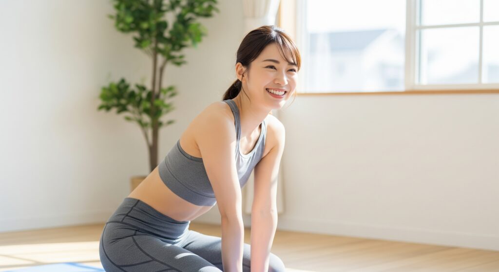 くびれを作るためのトレーニング後に満足そうな女性