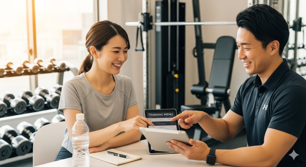 ジム トレーニング おすすめを検討する初心者女性が、トレーナーとメニュー表を確認するシーンの写真