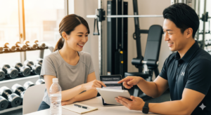 ジム トレーニング おすすめを検討する初心者女性が、トレーナーとメニュー表を確認するシーンの写真