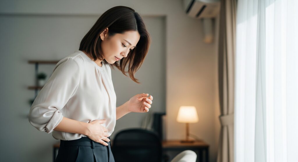 お腹を気にして、腹筋を鍛えるダイエットを決意する女性