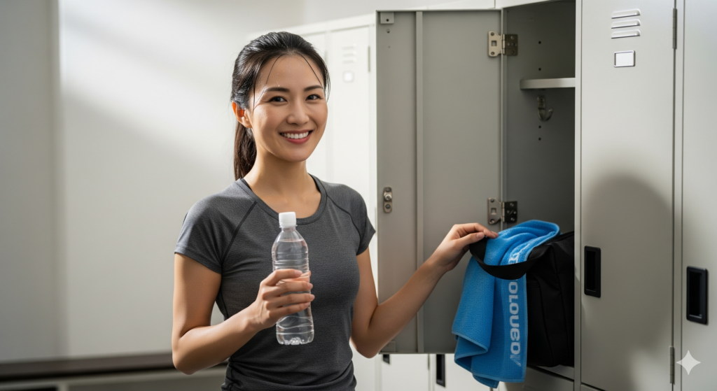 ジムでのおすすめトレーニングを終えた日本人女性が、充実感のある笑顔で帰宅準備をしている写真