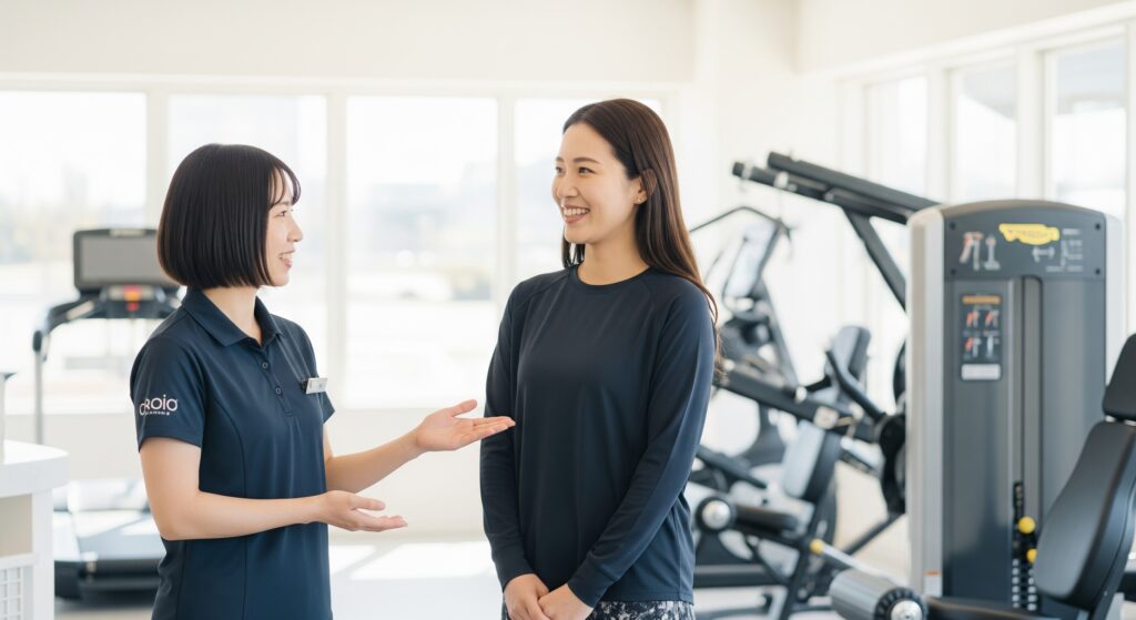 ジムでのダイエット初心者の女性が見学でトレーナーに質問する様子