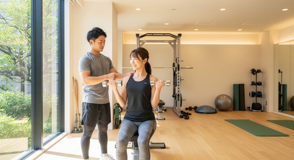 ジムでのダイエット初心者の女性がパーソナルトレーニングを受ける様子