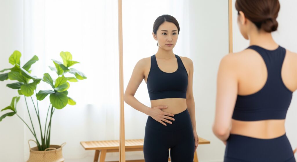 鏡の前で下腹部を確認しながらお腹を鍛える女性