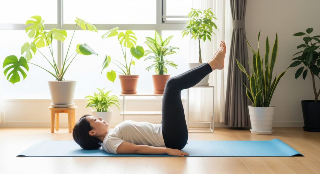 自宅でヨガマットを使ってレッグレイズでお腹を鍛える女性