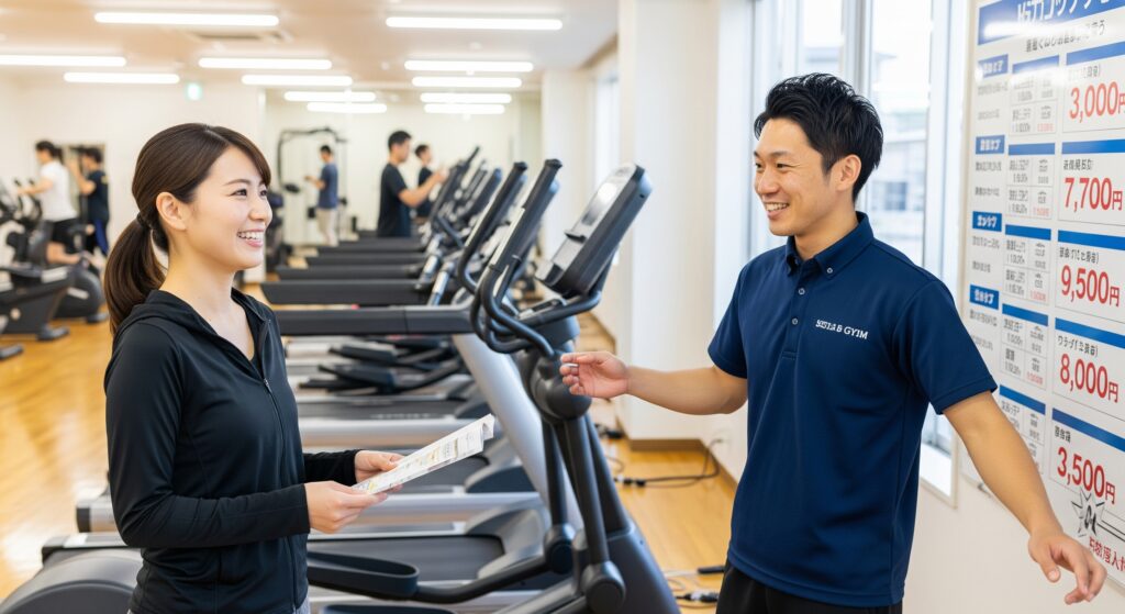 ジム初心者の女性がパーソナルジムで質問をする様子