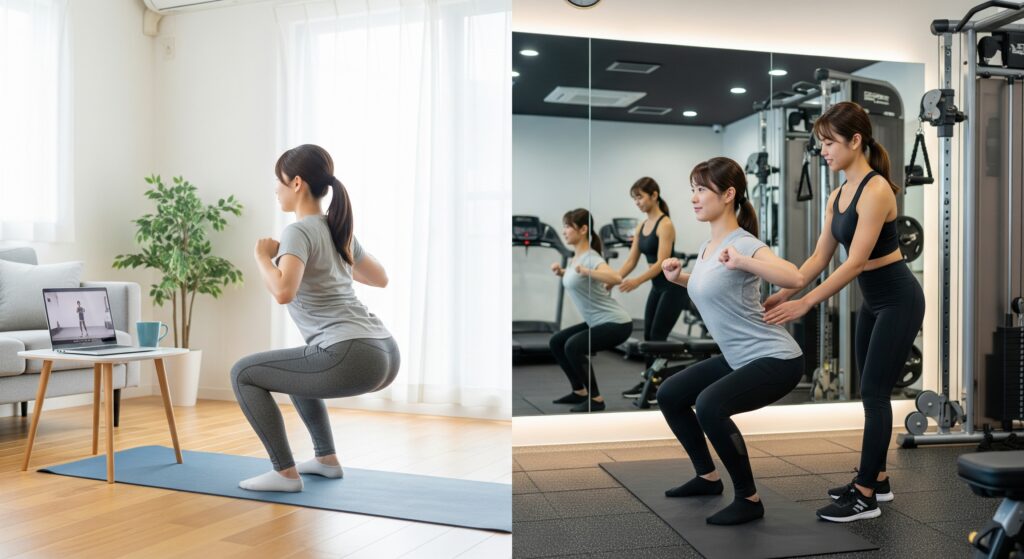パーソナルジムでトレーナーの効果的な指導を受ける女性とセルフトレーニングをする女性の比較