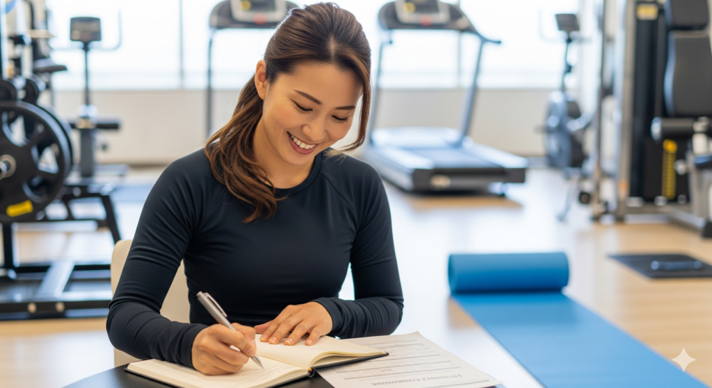 ジム トレーニング おすすめの1週間メニューをノートに記録する日本人女性の写真