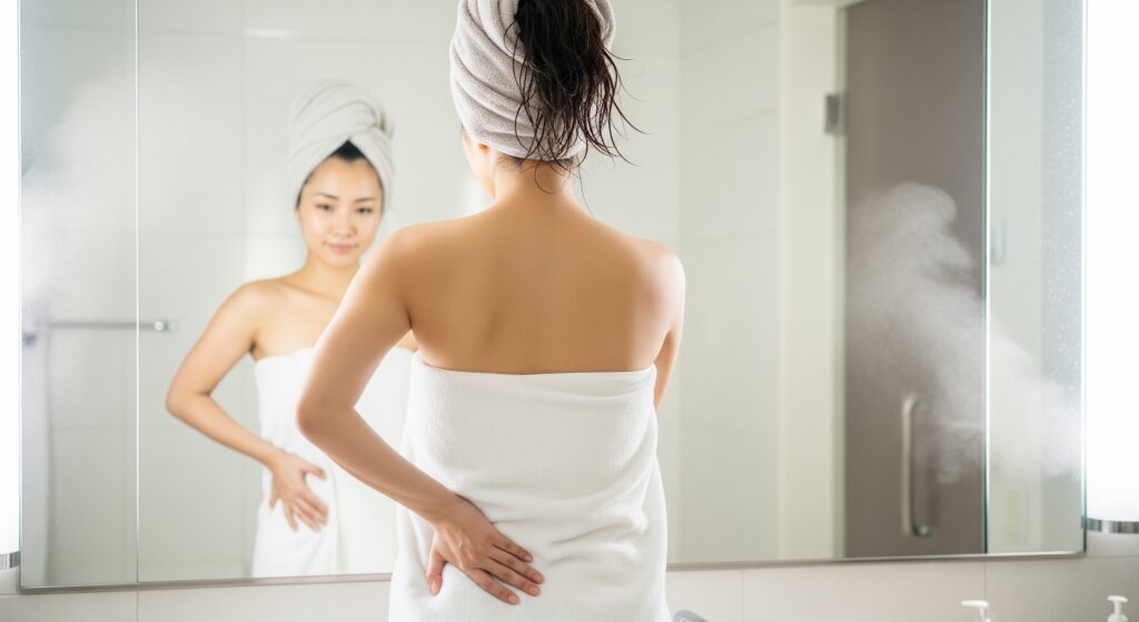 ヒップの形を気にして自宅ケアをする女性