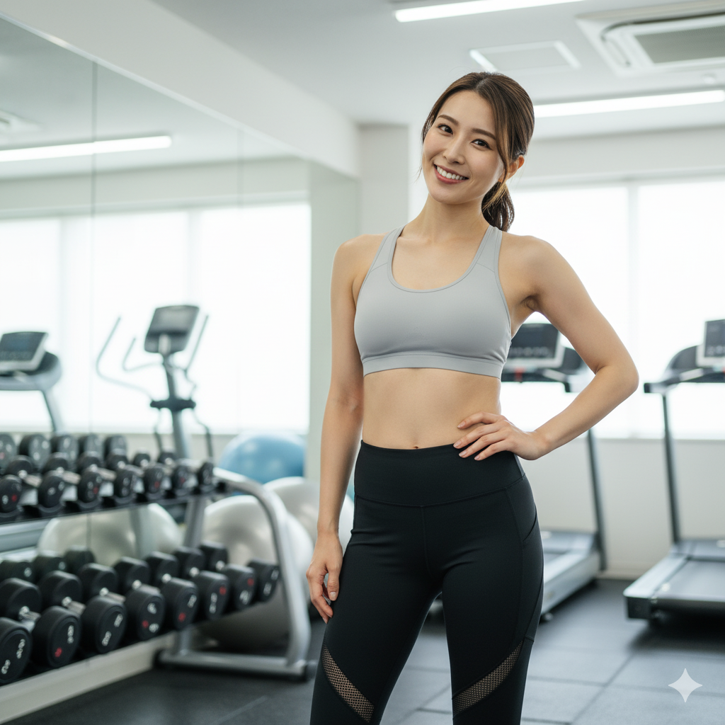 ジムでストレッチを終え笑顔で達成感を感じる20代女性の写真イメージ
