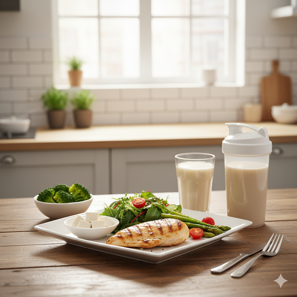 鶏肉と野菜、豆腐、プロテインシェイクが並ぶヘルシーな食事
