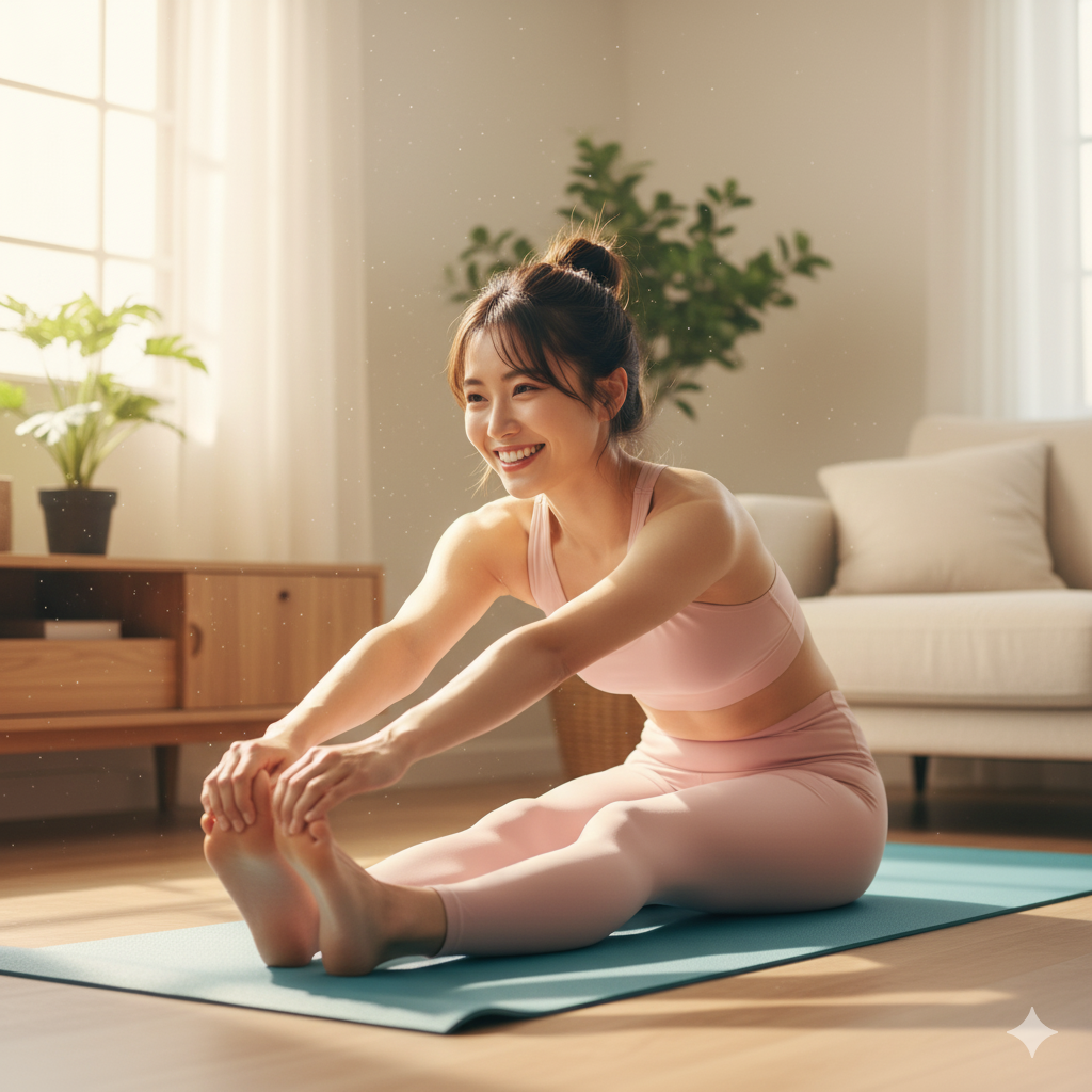 20代女性がヨガマットの上で毎日笑顔で軽い筋トレやストレッチをしている様子
