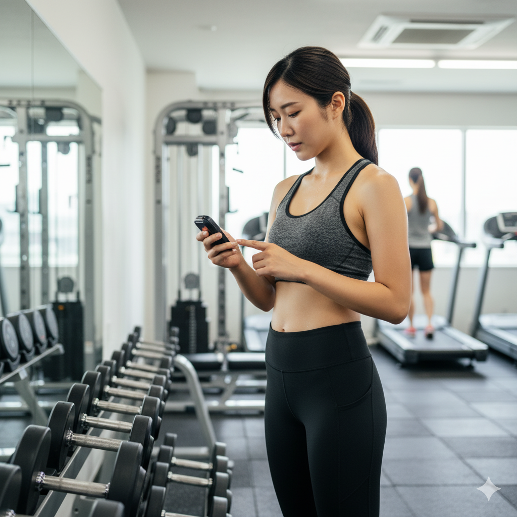 ジムのインターバルを活用してタイマー管理をする20代女性