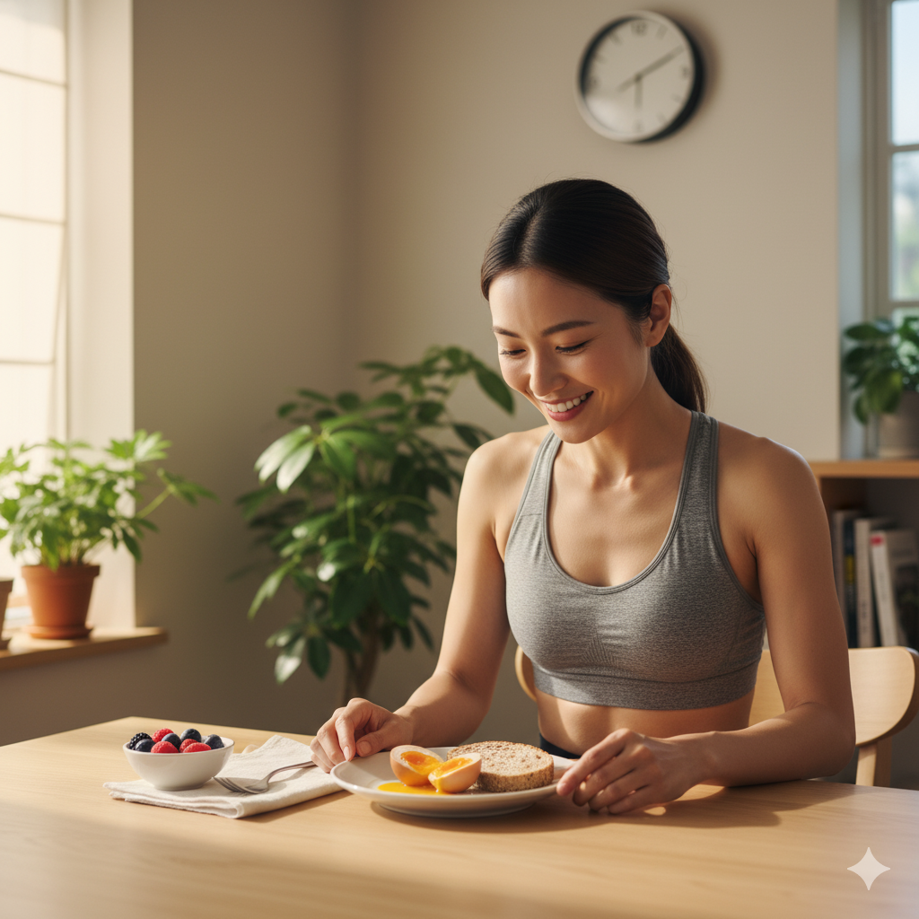 半熟卵と固ゆで卵を比較して食べようとする20代女性のリアルな写真イメージ
