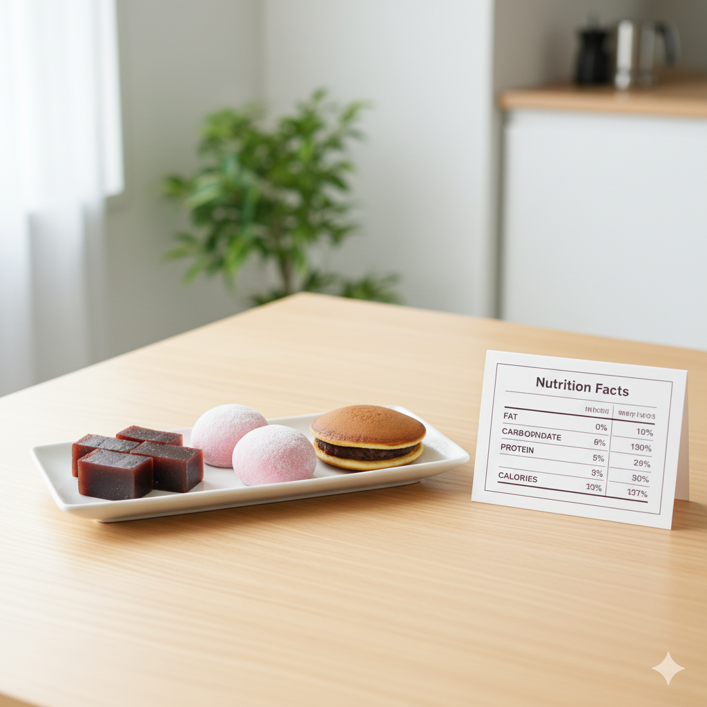 羊羹・大福・どら焼きと栄養成分表が並ぶテーブル
