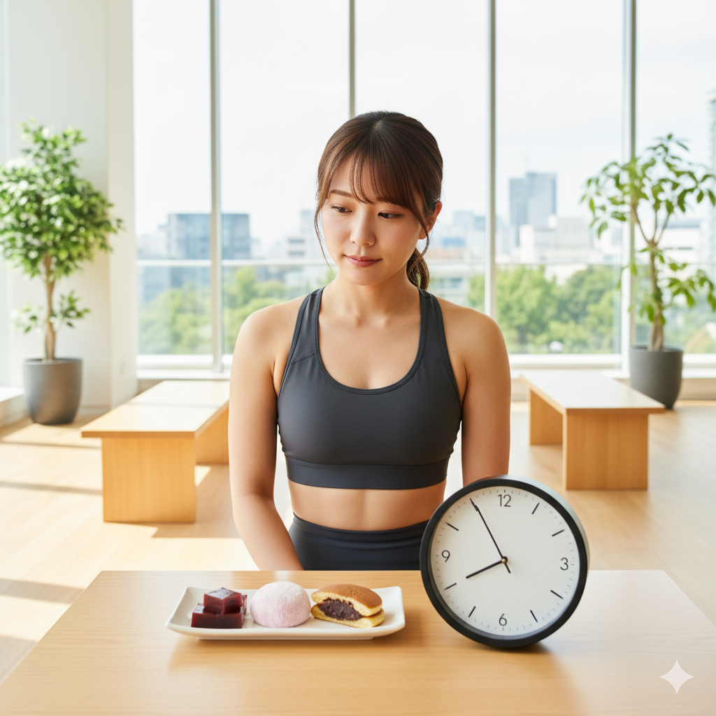 羊羹・大福・どら焼きと時計を前に、筋トレ前のタイミングを考える20代の日本人女性
