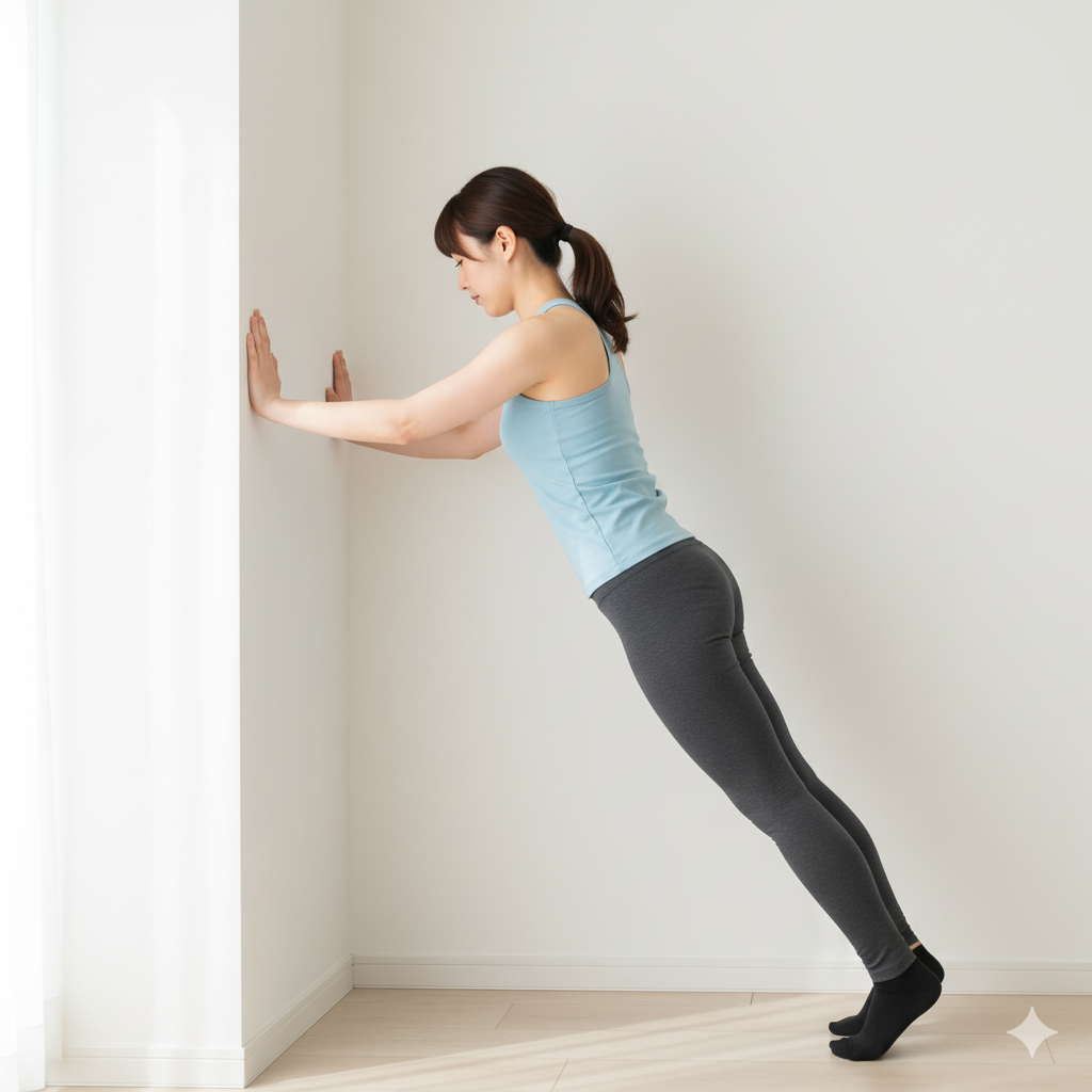 壁を使った腕立て伏せで二の腕と姿勢を同時に鍛える女性
