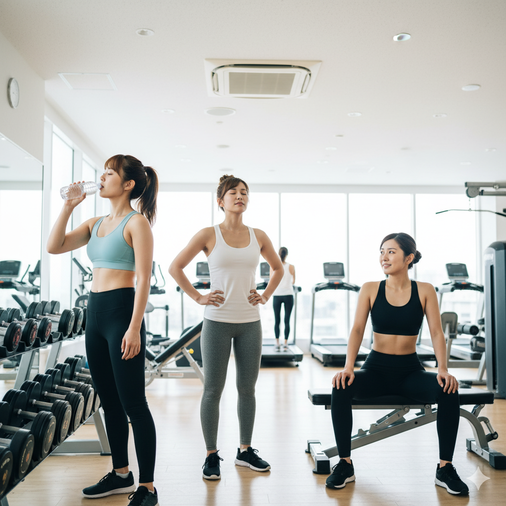 ジムのインターバルを初心者・中級者・上級者の女性がそれぞれの目安時間で取っている様子