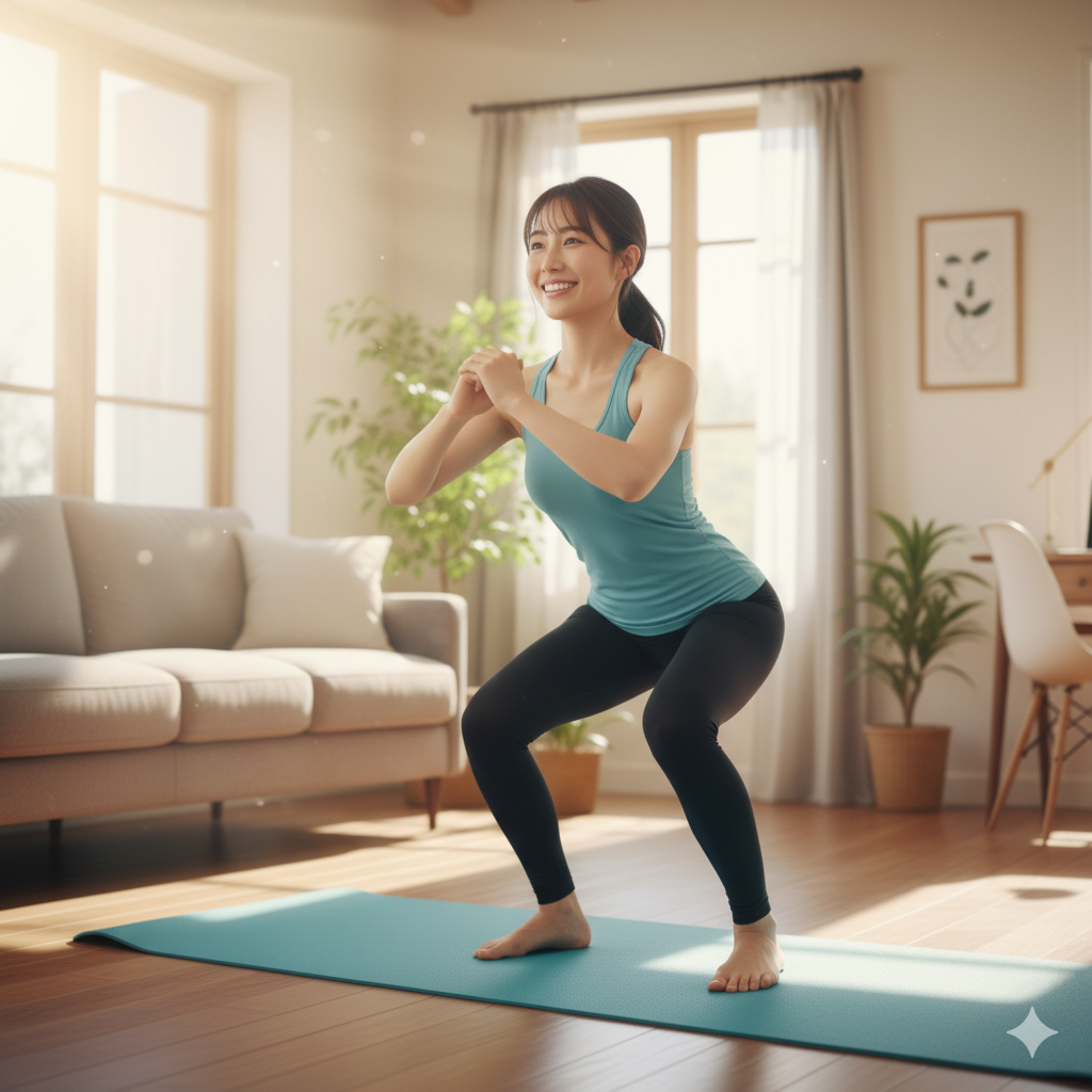 ヨガマットの上でスクワットをしている20代女性
