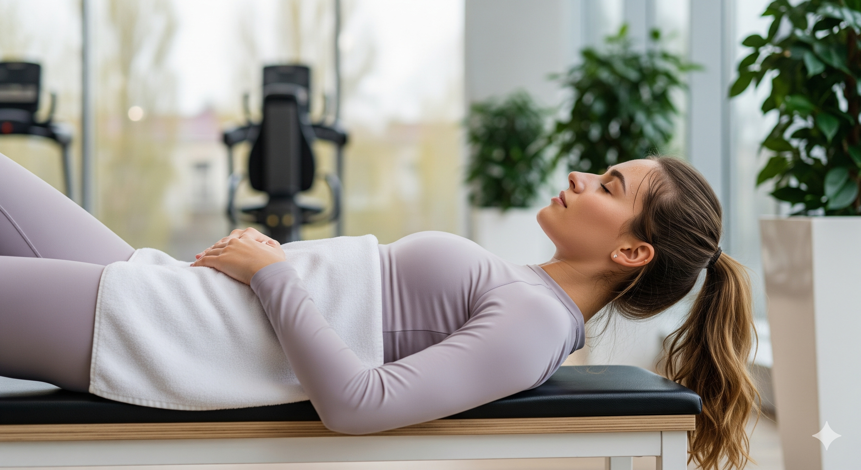 筋トレ後に軽く昼寝をして休む女性がジムでリラックスしている様子