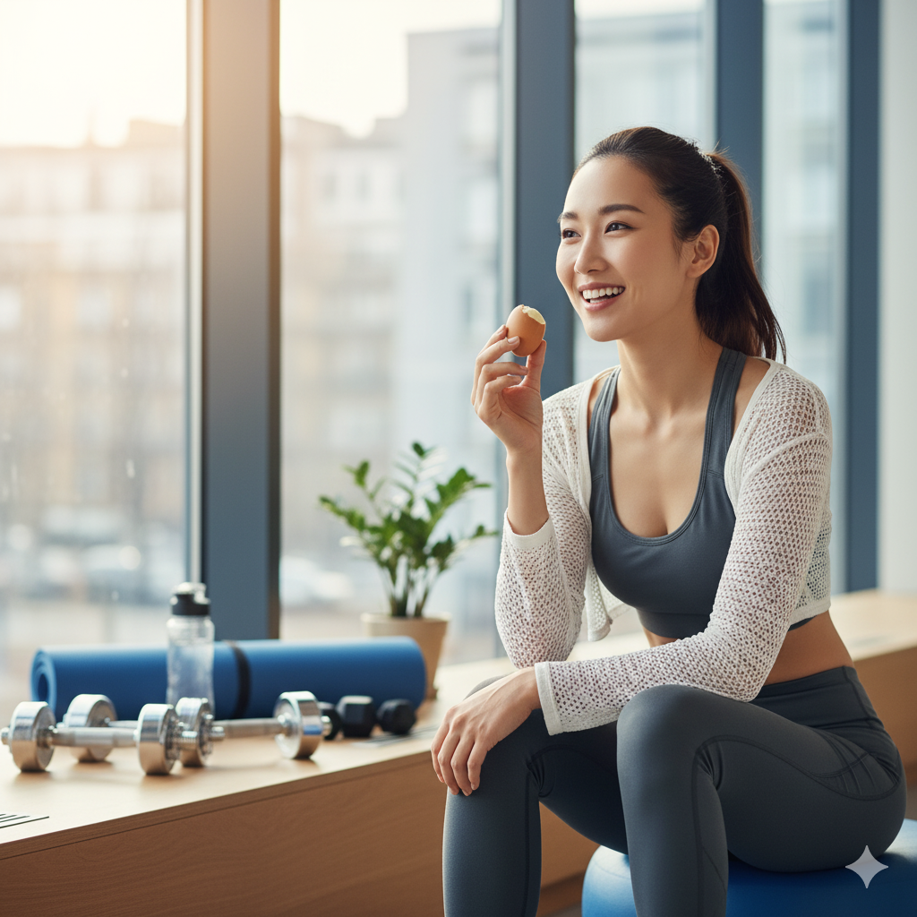 半熟卵を前に笑顔を見せる20代女性のリアルな写真イメージ
