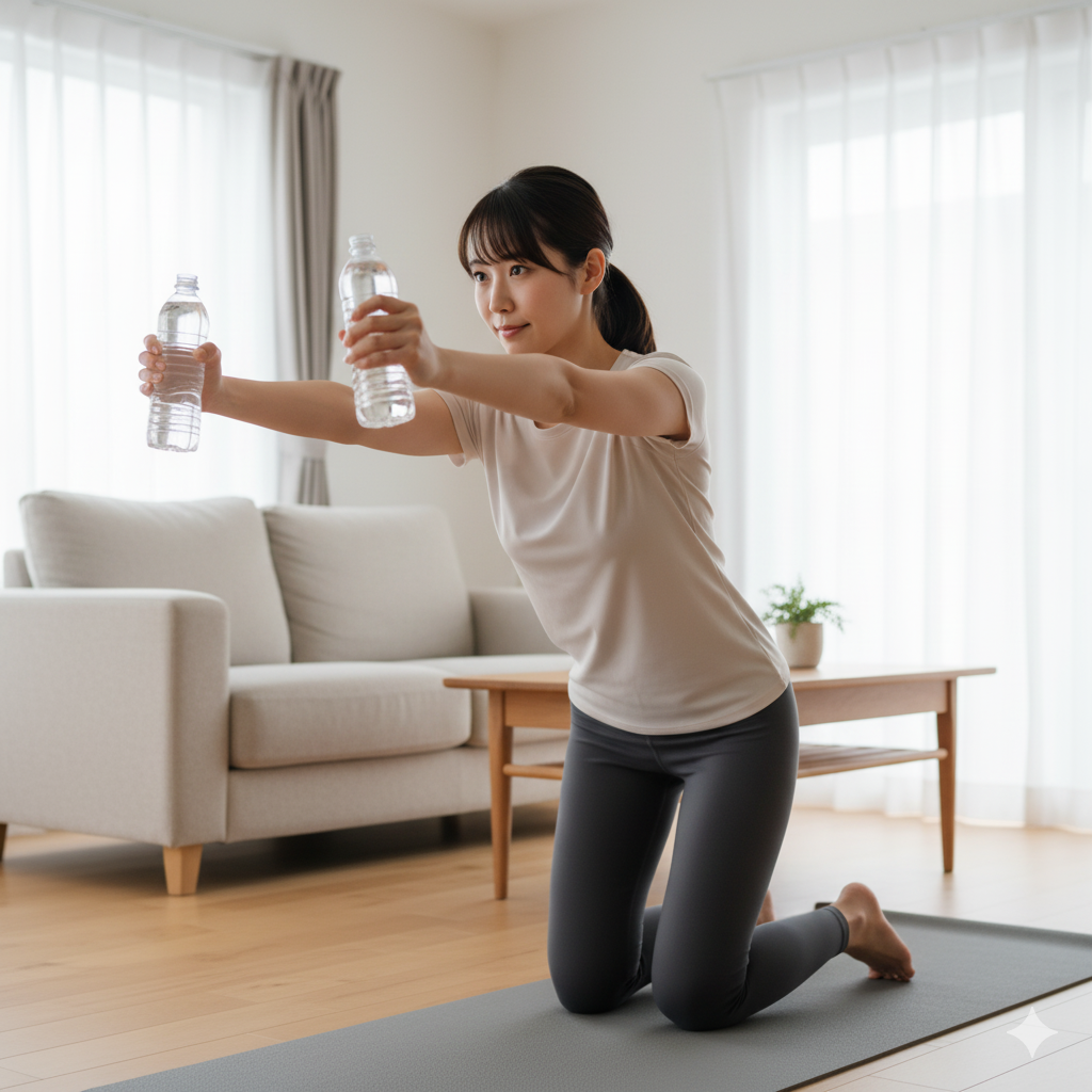 自宅でペットボトルを使った二の腕引き締めエクササイズをする女性
