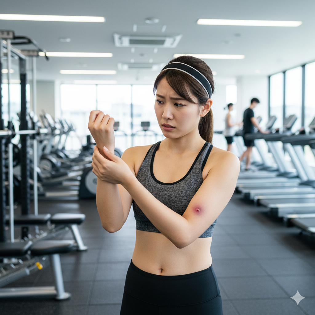 筋トレ中に内出血ができ、腕のあざを気にする20代女性