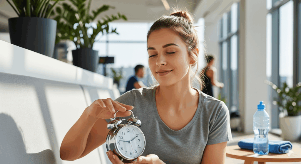 筋トレ後の昼寝から目覚め、すっきりと起き上がる女性の様子