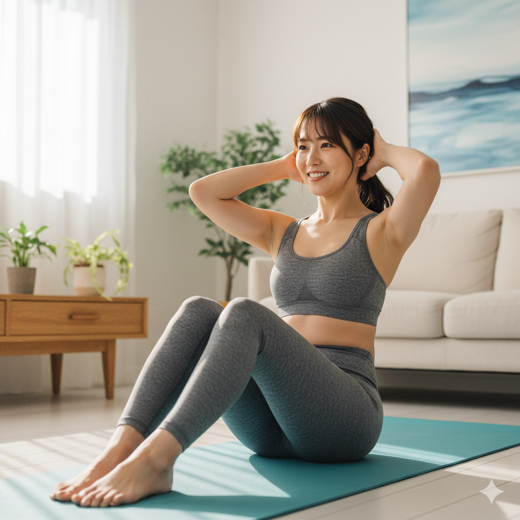 20代女性がヨガマットの上で笑顔で軽いトレーニングとして毎日腹筋をしている様子