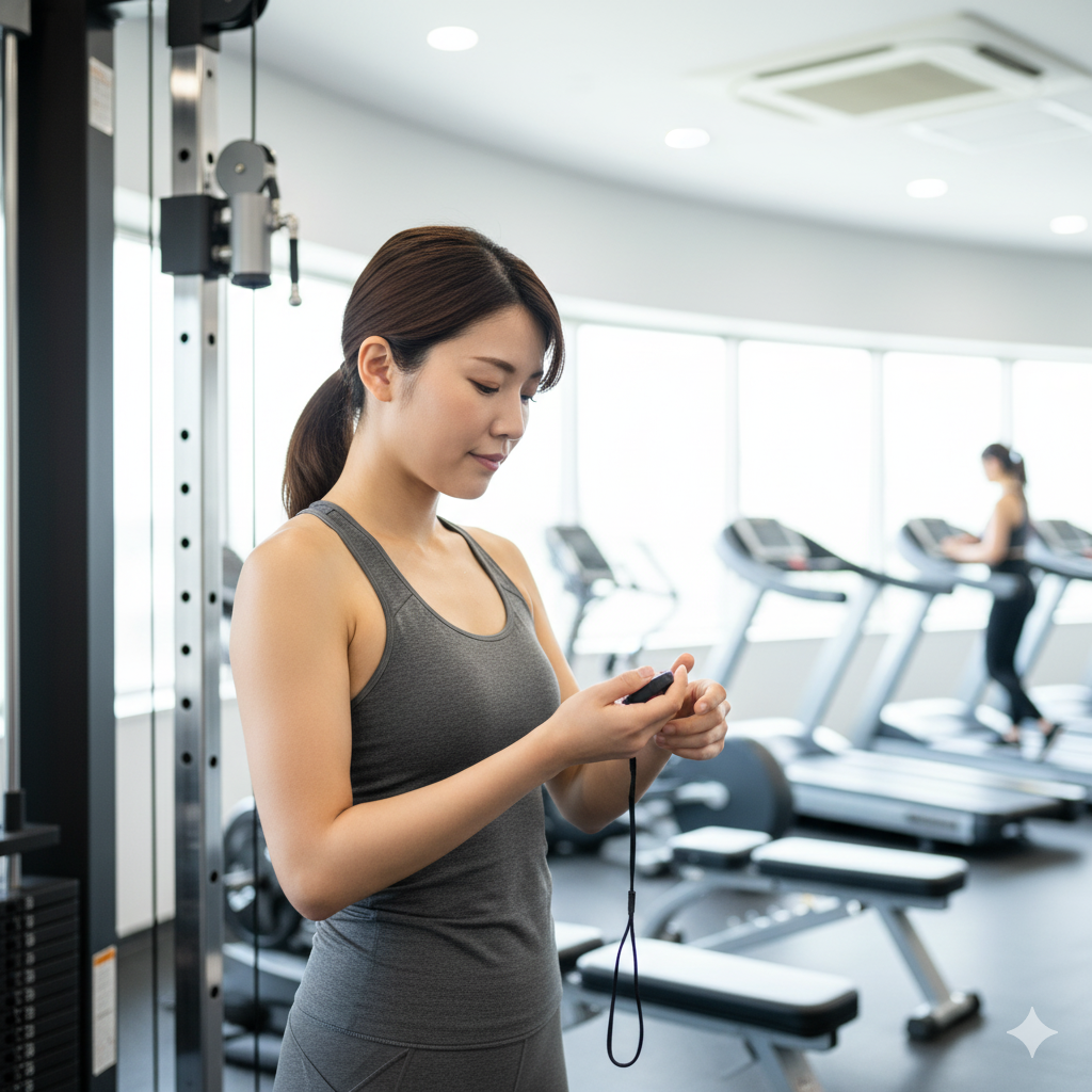 ジムのインターバルで休憩しながらストップウォッチを確認する20代女性