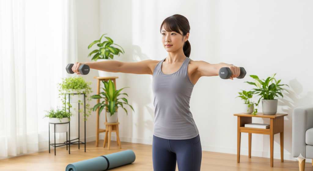 自宅で軽いダンベルを使ってサイドレイズを行い、肩と二の腕を鍛える初心者女性の様子