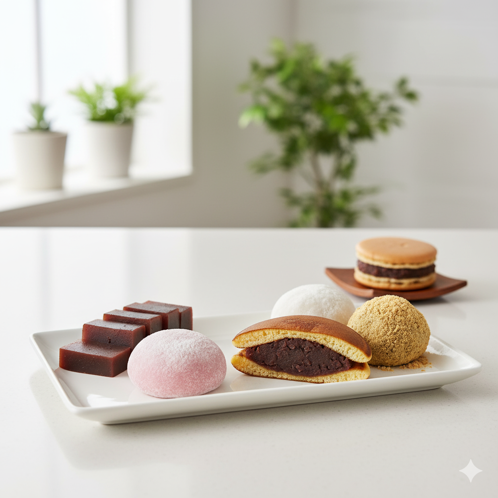 羊羹・大福・どら焼き・まんじゅう・おはぎ・もなかが並ぶテーブル
