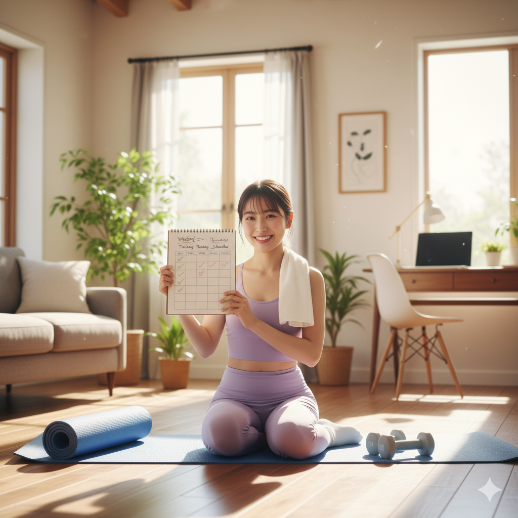 トレーニングスケジュールを確認しながら運動準備をする20代女性
