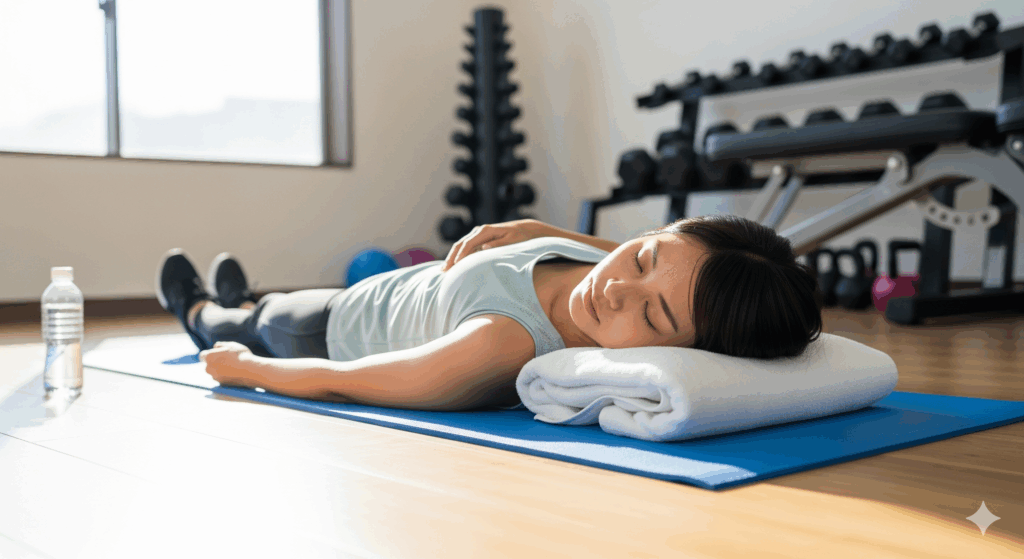 筋トレ後にジムで昼寝をする20代女性がリラックスして休んでいる様子