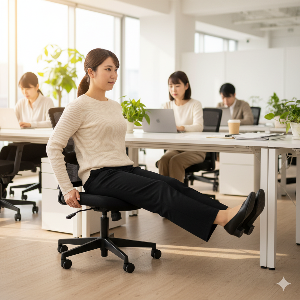 椅子に座りながらデスク下で両脚を持ち上げる女性。座り腹筋の応用トレーニングで下腹部を鍛える様子。