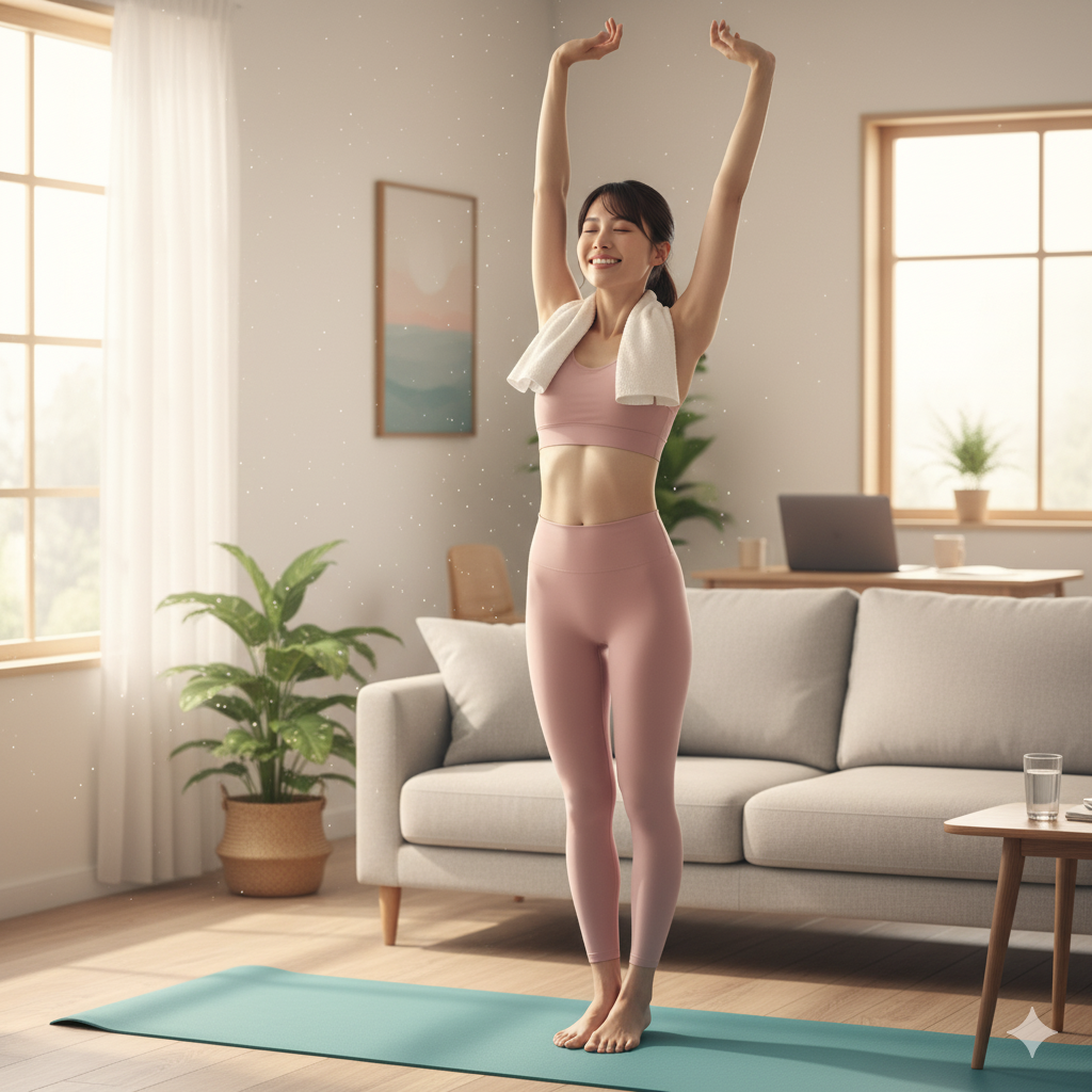 ヨガマットの上で笑顔で伸びをする20代女性
