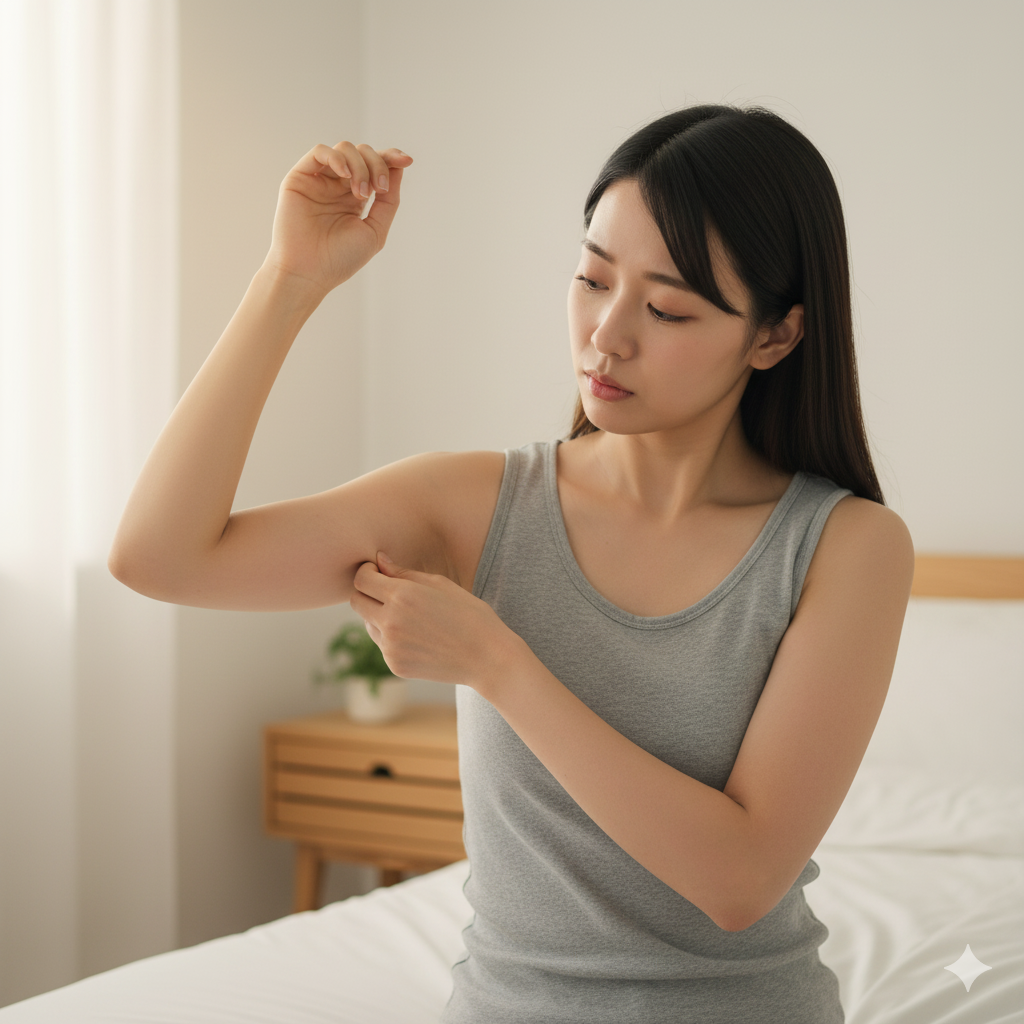 二の腕のたるみが気になりチェックする女性
