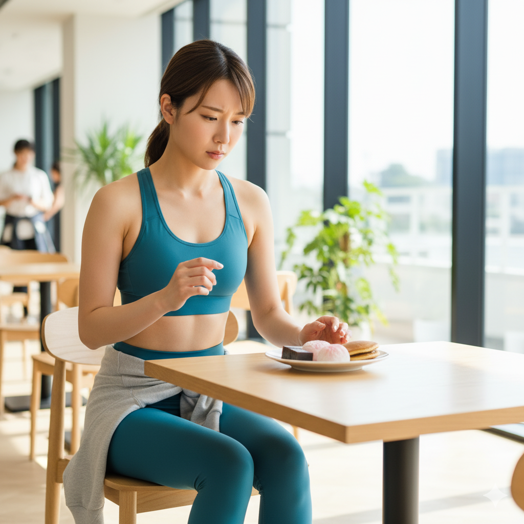 ジムのラウンジで羊羹や大福を前に、筋トレ前に食べてもよいか考える20代の日本人女性