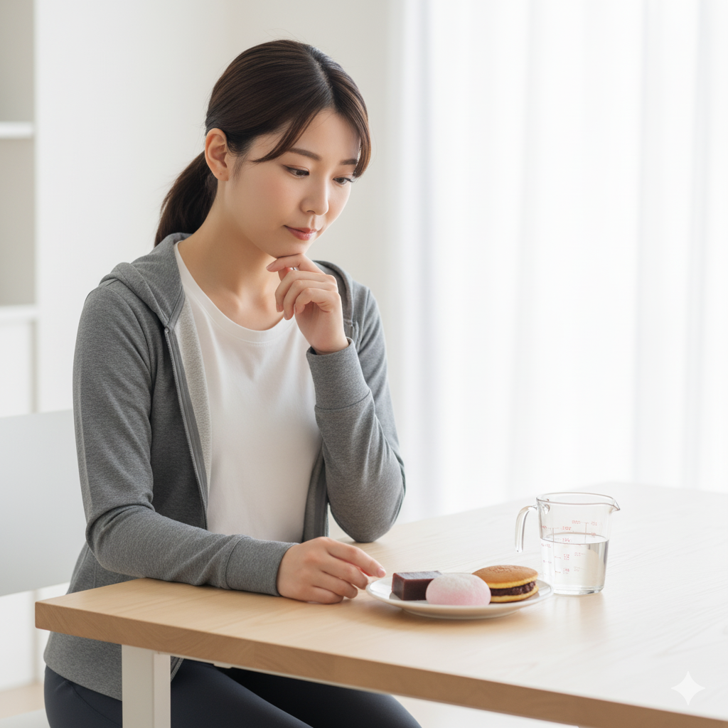 羊羹・大福・どら焼きを前に食べる量を考える20代の日本人女性
